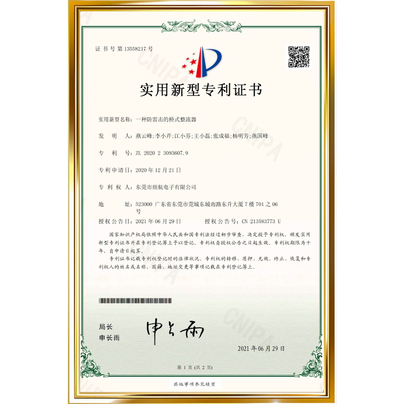 专利号：ZL 2020 2 3093607.9          专利名称：一种防雷击的桥式整流器